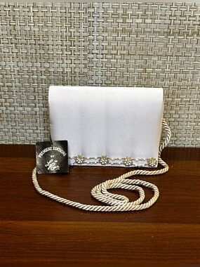 NOS 1980s-90s La Regale Premiere Eds. Beige Satin Bridal Bag Pearl Rhinestone